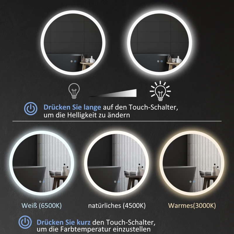 kleankin Badezimmerspiegel Badspiegel mit LED-Licht Berührungssensor Antibeschlagfunktion