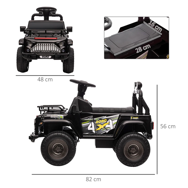 HOMCOM Elektrische kinderauto, terreinwagen, met opbergruimte, 3 km/u, muziekaansluiting, koplampen, claxon, zwart.