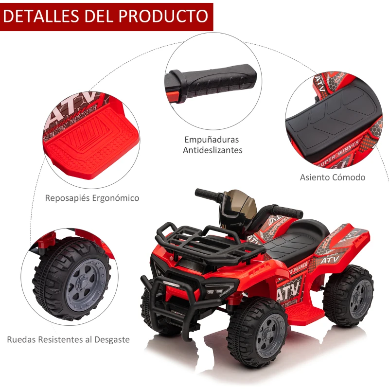 HOMCOM Quad Eléctrico Infantil para +18 Meses Vehículo Eléctrico a Batería 6V  con Velocidad de 2 km/h 70x42x45 cm Rojo