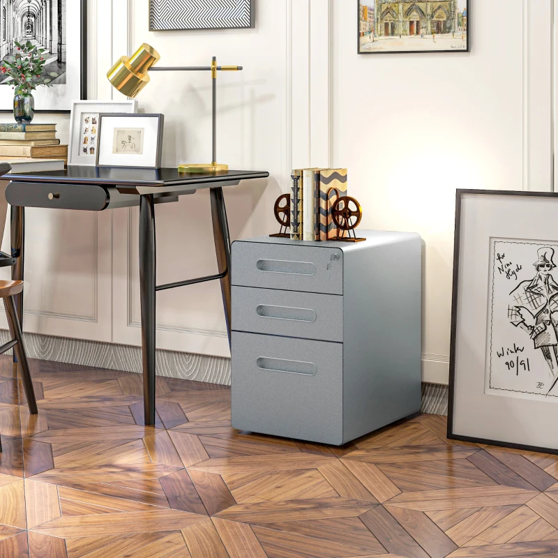 Vinsetto Lockable Cabinet, Rolling Filing Cabinet with 3 Drawers, Steel Office Drawer Unit for A4, Letter, Legal Sized Files
