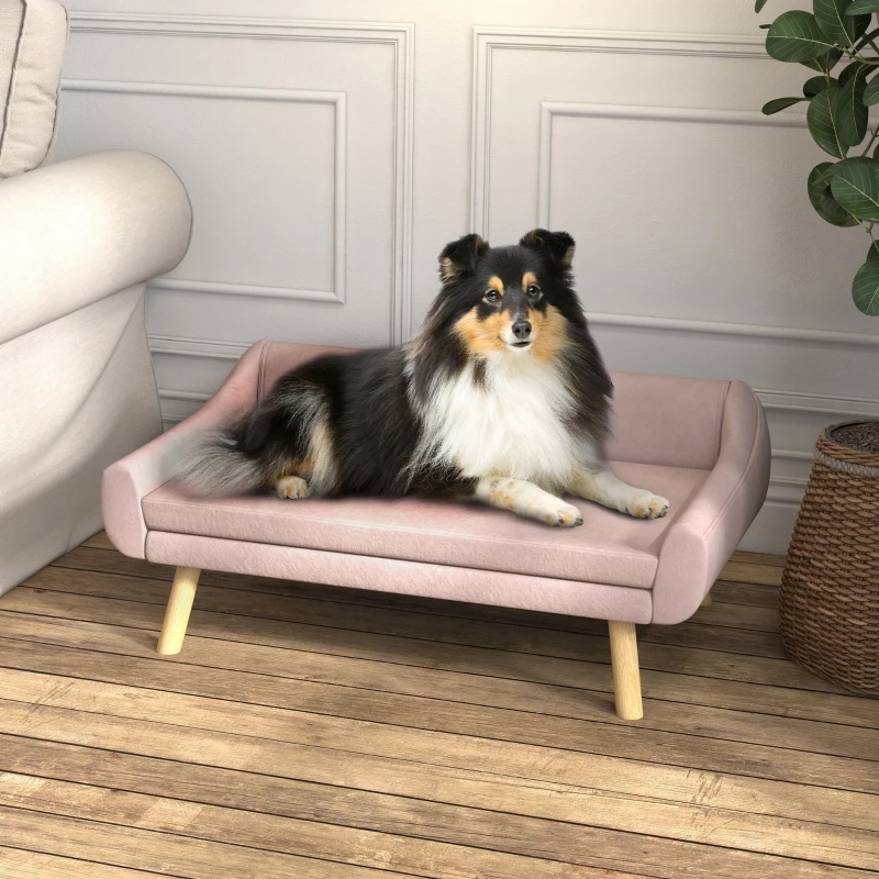 PawHut Pet Sofa Dog Sofa, Scandinavian Design, Removable Cushion, Velvet Look, 102 cm x 58.5 cm x 42.5 cm, Pink + Natural