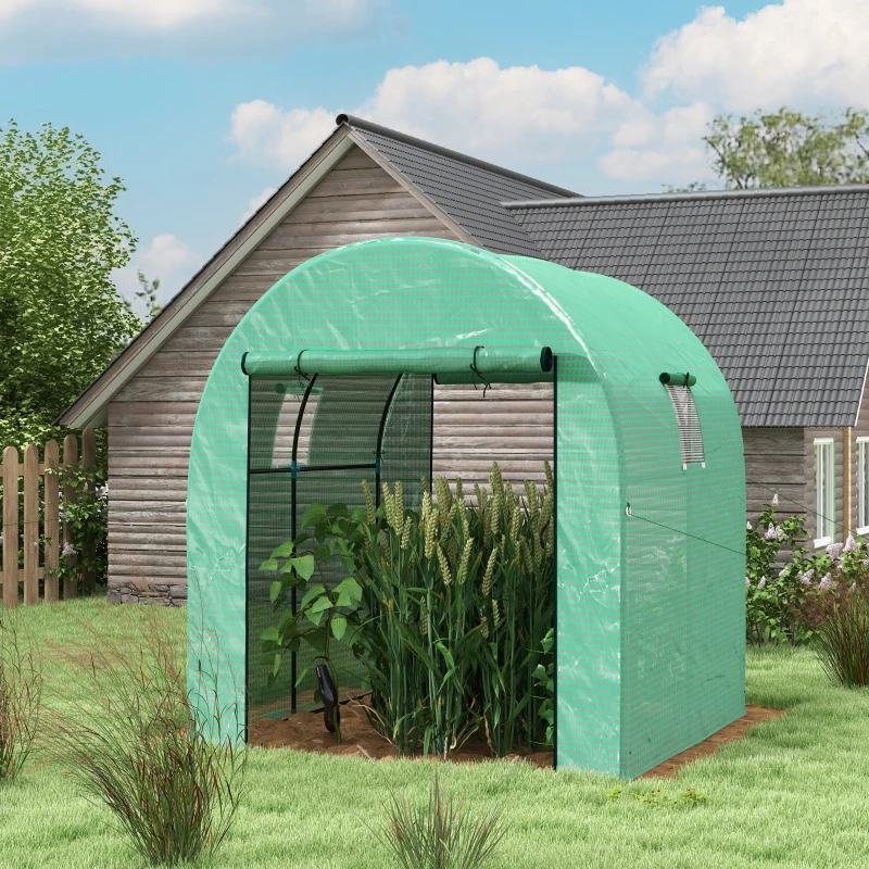 Outsunny Polytunnel Greenhouse Walk-in Grow House with UV-resistant PE Cover, Doors and Mesh Windows, 1.8 x 1.8 x 2m, Green