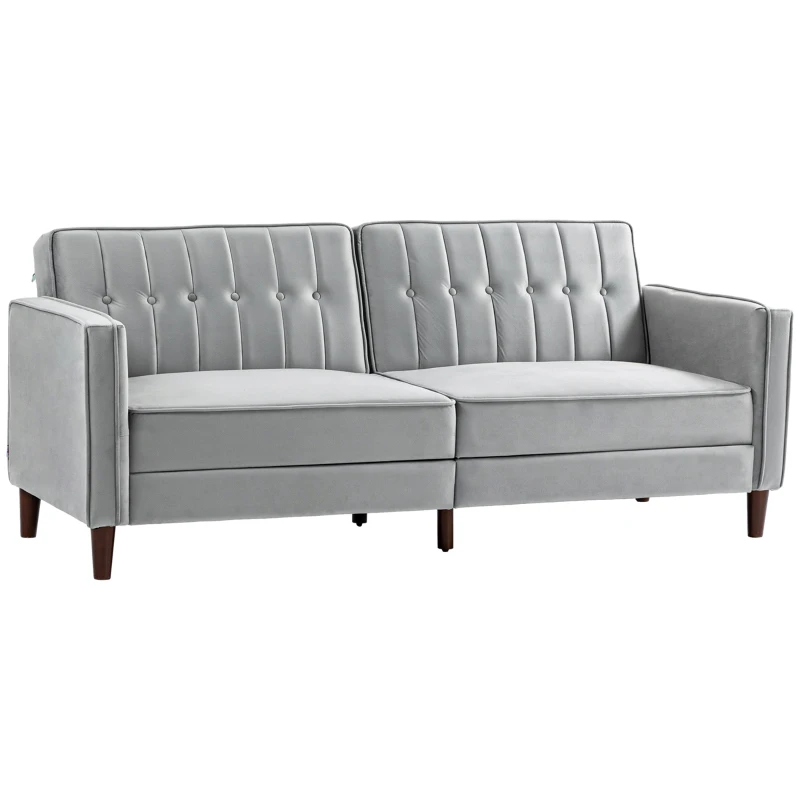 HOMCOM Modern Convertible Sofa Futon Velvet-Touch Tufted Couch Compact Loveseat with Adjustable Split Back, Light Grey