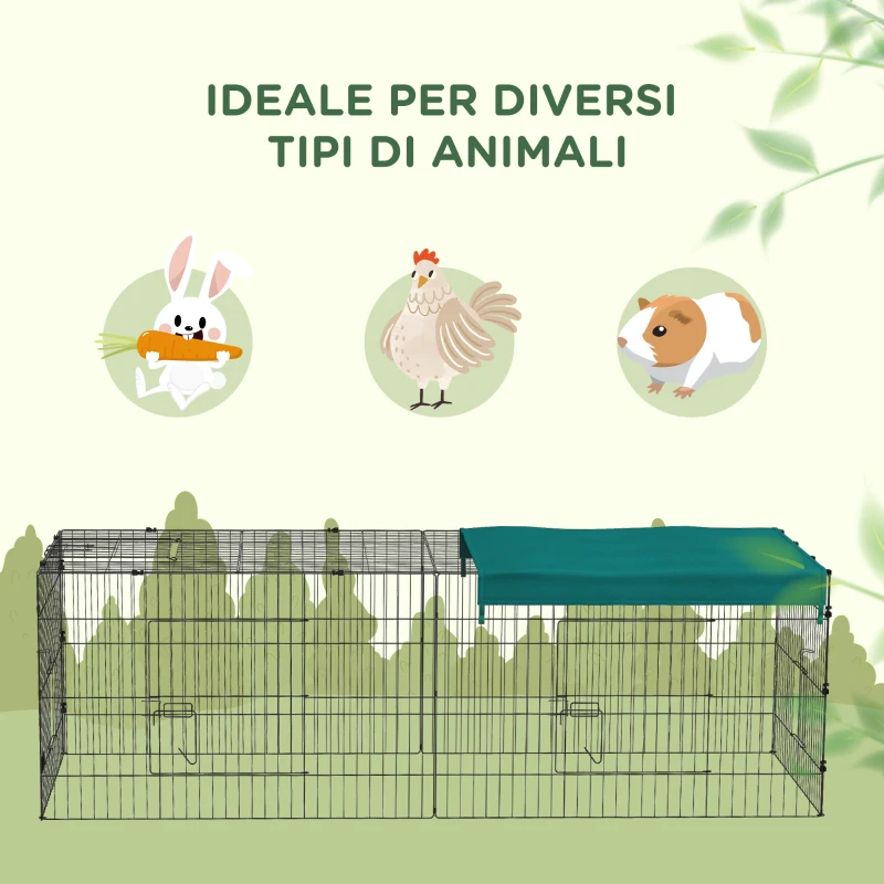 PawHut Gabbia per Conigli da Esterno e Interno con Tettuccio in Acciaio, 220x85x70cm, Verde