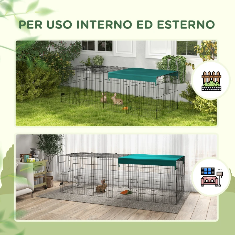 PawHut Gabbia per Conigli da Esterno e Interno con Tettuccio in Acciaio, 220x85x70cm, Verde