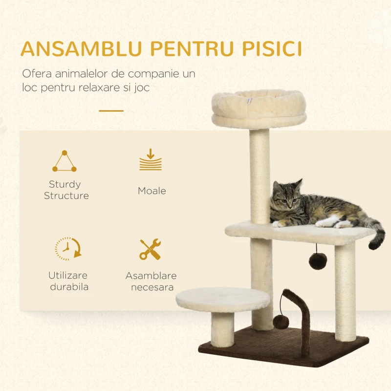 PawHut  Ansamblu de pisici pentru interior Turn de pisici cu stalp de zgariat Jucarie cu minge 44 x 38 x 74 cm, bej
