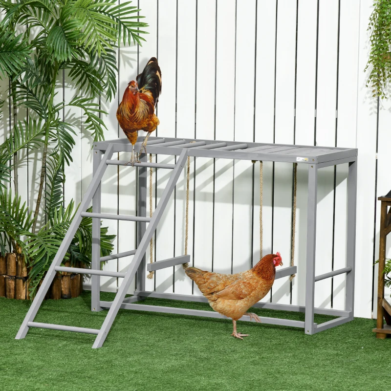 PawHut Chicken Activity Play with Swing Set for 3-4 Chickens, Wooden Chicken Coop, Grey