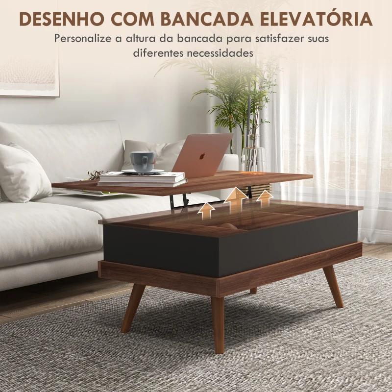 HOMCOM Mesa de Centro Elevatória com 3 Compartimentos de Armazenamento Ocultos e Pés de Madeira 100x79x54 cm Marrom e Preto