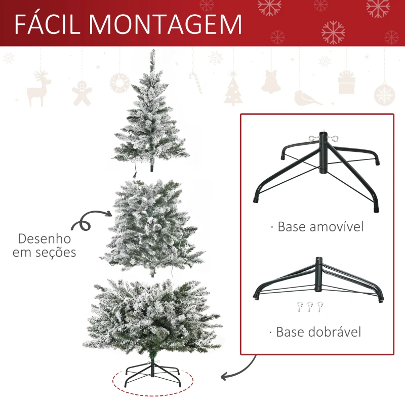 HOMCOM Árvore de Natal 210 cm com 250 Luzes LED Árvore de Natal Nevada com 829 Ramos e Base Dobrável Ø112x210 cm Verde