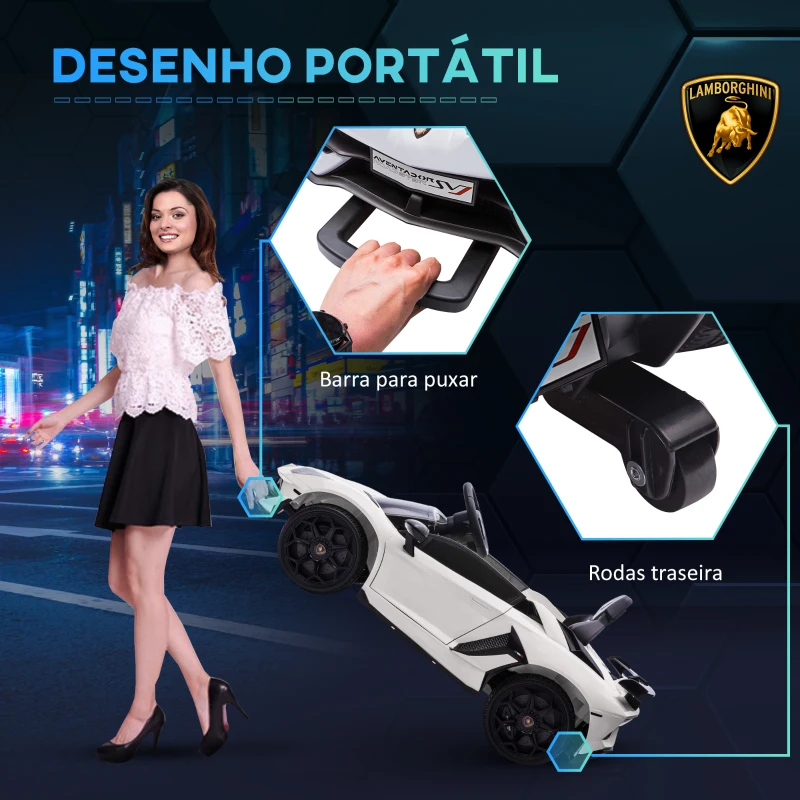 HOMCOM Carro Elétrico Lamborghini para Crianças 12V Velocidade Máxima 5km/h Controlo Remoto MP3 Luzes e Cinto de Segurança 107,5x63x42 cm Branco