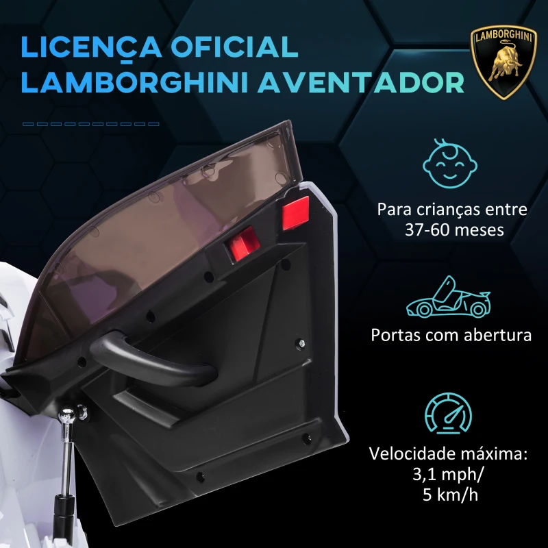 HOMCOM Carro Elétrico Lamborghini para Crianças 12V Velocidade Máxima 5km/h Controlo Remoto MP3 Luzes e Cinto de Segurança 107,5x63x42 cm Branco