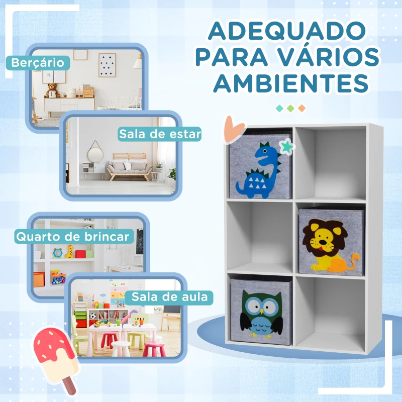 ZONEKIZ Estante para Brinquedos com 6 Compartimentos e 3 Caixas de Tecido não Tecido e Desenho de Animais 61,8x29,9x91,5 cm Branco e Cinza