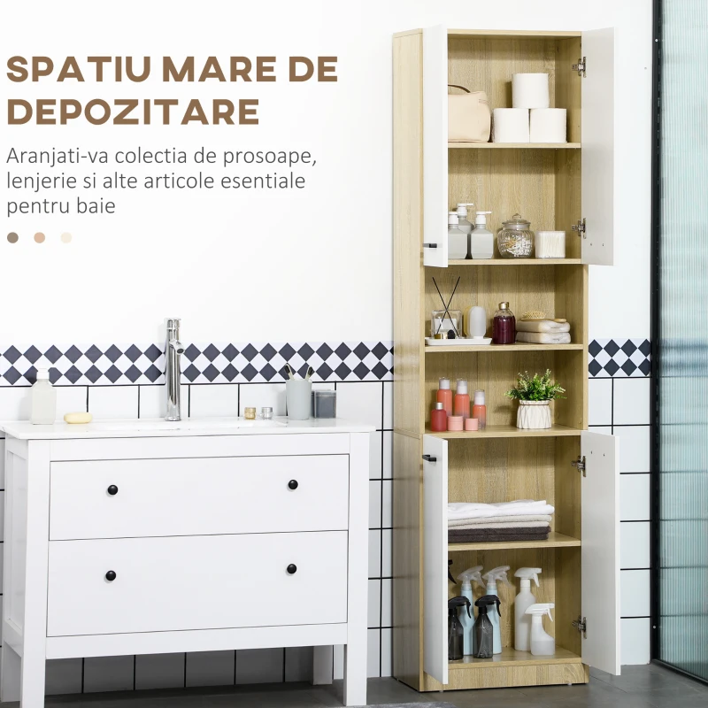 kleankin Dulap Baie din PAL Alb cu 2 Dulapioare cu Usi si  2 Rafturi Deschise, Design Anti rasturnare, 53x33.5x195.7 cm