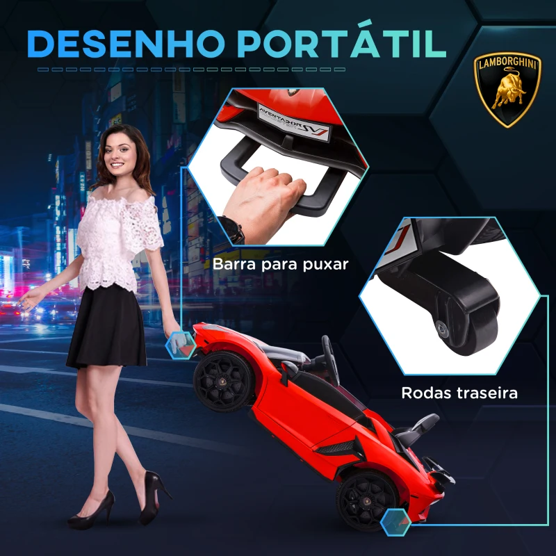 HOMCOM Carro Elétrico Lamborghini para Crianças 12V Velocidade 5km/h Controlo Remoto MP3 e Luzes 107,5x63x42 cm Vermelho