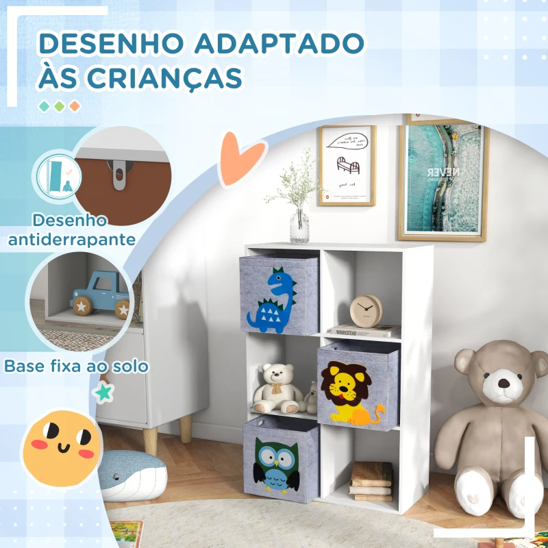 ZONEKIZ Estante para Brinquedos com 6 Compartimentos e 3 Caixas de Tecido não Tecido e Desenho de Animais 61,8x29,9x91,5 cm Branco e Cinza