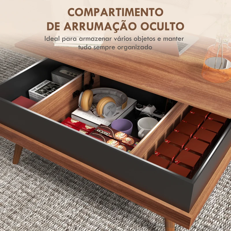 HOMCOM Mesa de Centro Elevatória com 3 Compartimentos de Armazenamento Ocultos e Pés de Madeira 100x79x54 cm Marrom e Preto