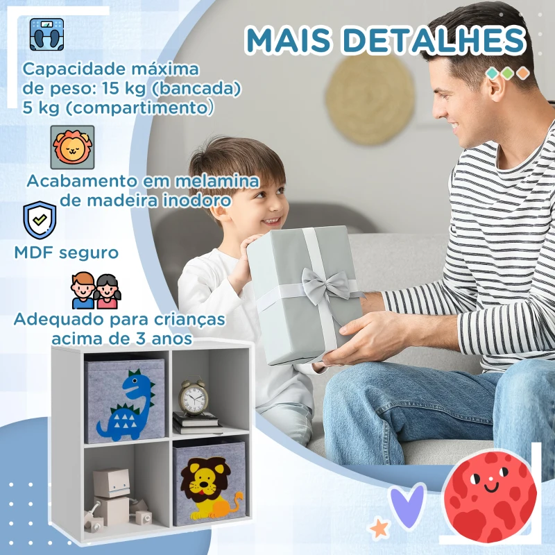 ZONEKIZ Estante para Brinquedos com 6 Compartimentos e 3 Caixas de Tecido não Tecido e Desenho de Animais 61,8x29,9x61,8 cm Branco e Cinza