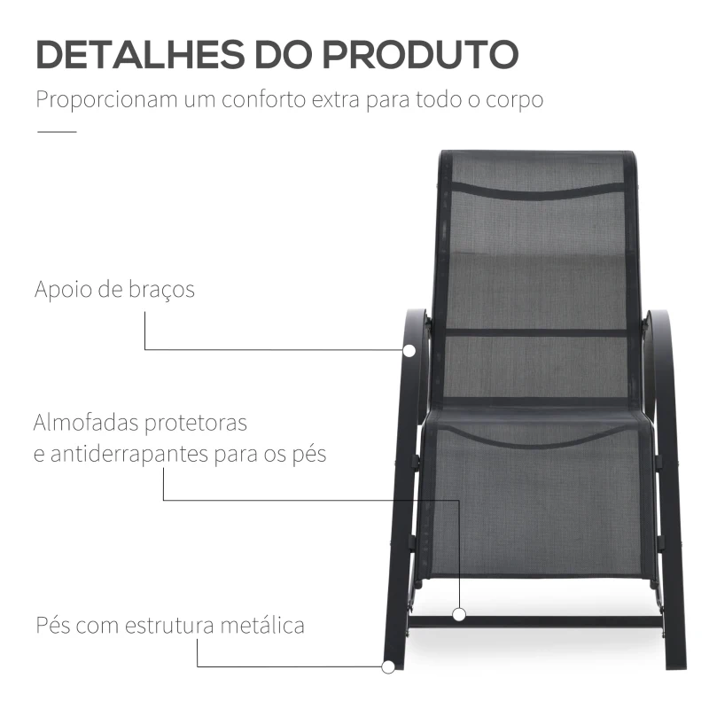 Outsunny Conjunto de 2 Espreguiçadeiras de Jardim 59x169x66 cm com Mesa 41x41x45 cm  Vidro Temperado Apoio de Braços Preto