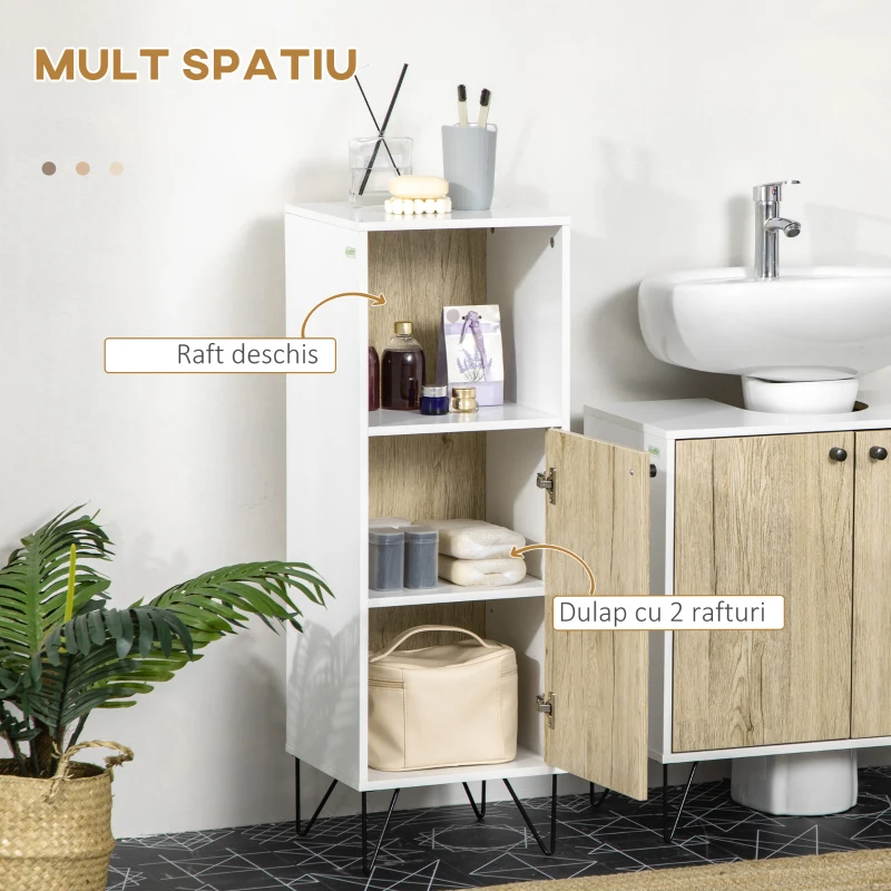 kleankin Dulap de podea pentru baie cu raft deschis, organizator de depozitare independent cu o singura usa pentru birou, living, dormitor, stejar si alb