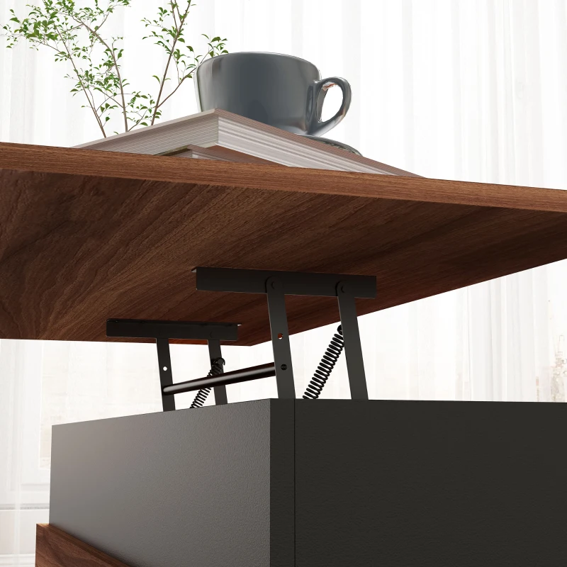 HOMCOM Mesa de Centro Elevatória com 3 Compartimentos de Armazenamento Ocultos e Pés de Madeira 100x79x54 cm Marrom e Preto