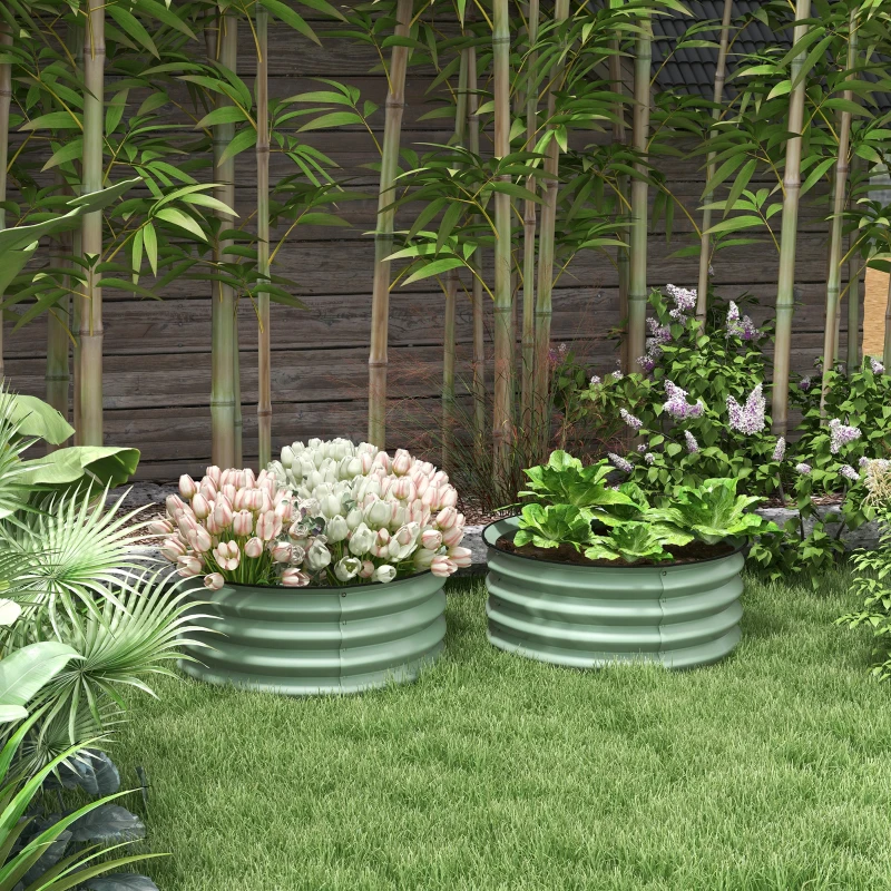 Outsunny Set of 2 Raised Garden Bed, Metal Planter Box with Safety Edging, Easy-to-assemble Stock Tank, Green