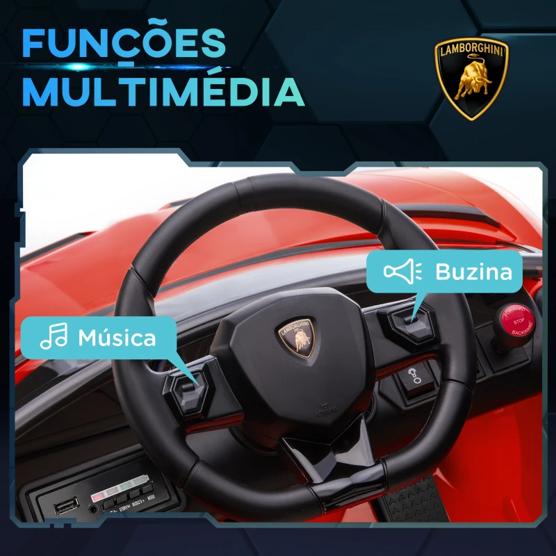 HOMCOM Carro Elétrico Lamborghini para Crianças 12V Velocidade 5km/h Controlo Remoto MP3 e Luzes 107,5x63x42 cm Vermelho