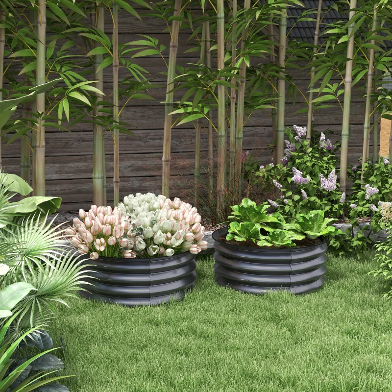 Outsunny Set of 2 Raised Garden Bed, Metal Planter Box with Safety Edging, Easy-to-assemble Stock Tank, Dark Grey