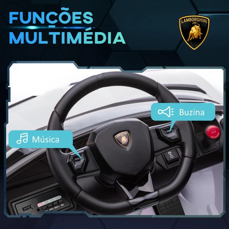 HOMCOM Carro Elétrico Lamborghini para Crianças 12V Velocidade Máxima 5km/h Controlo Remoto MP3 Luzes e Cinto de Segurança 107,5x63x42 cm Branco