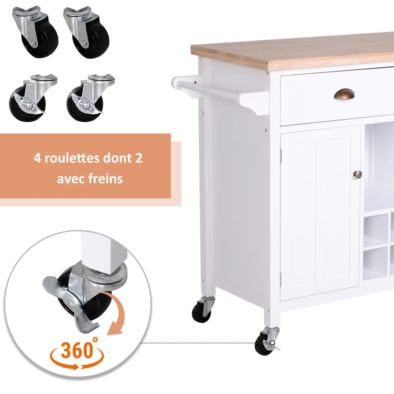 HOMCOM Desserte de cuisine multi-rangements 2 tiroirs 2 placards porte avec étagère niche range-bouteille porte-torchons MDF pin caoutchouc