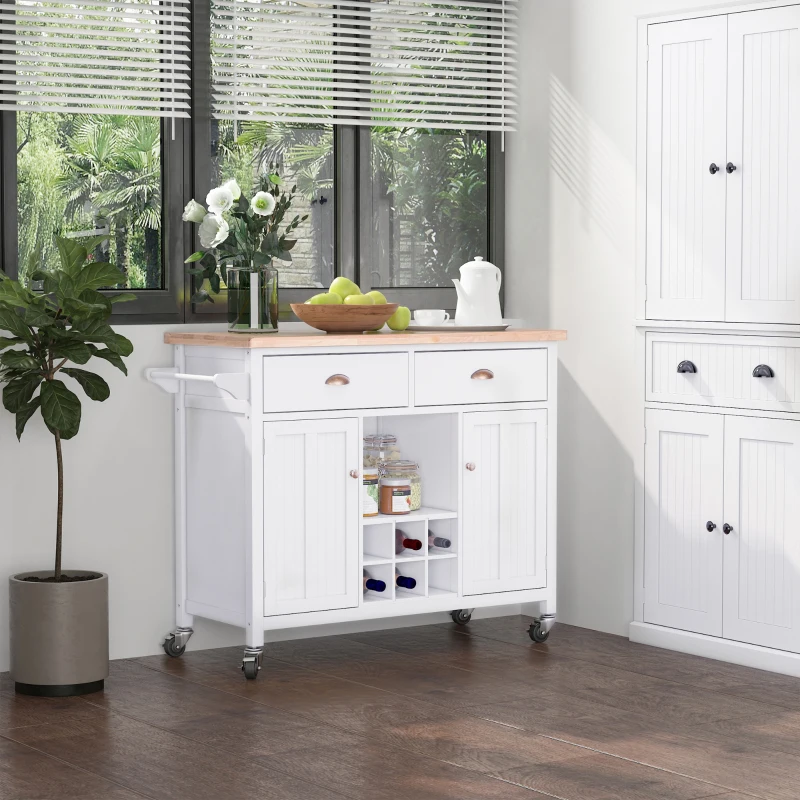 HOMCOM Desserte de cuisine multi-rangements 2 tiroirs 2 placards porte avec étagère niche range-bouteille porte-torchons MDF pin caoutchouc