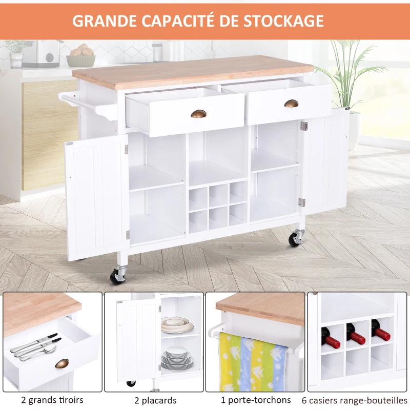 HOMCOM Desserte de cuisine multi-rangements 2 tiroirs 2 placards porte avec étagère niche range-bouteille porte-torchons MDF pin caoutchouc