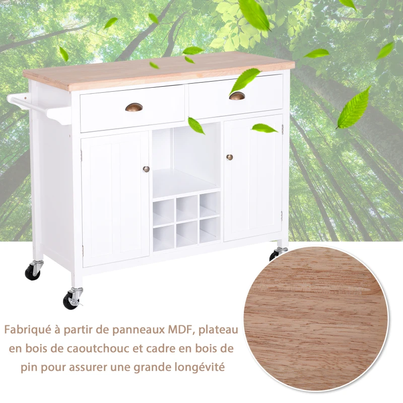 HOMCOM Desserte de cuisine multi-rangements 2 tiroirs 2 placards porte avec étagère niche range-bouteille porte-torchons MDF pin caoutchouc