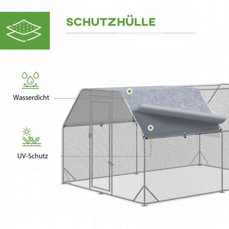 PawHut Kurnik Kurnik Woliera, z możliwością wejścia, zamknięte drzwi, na 10-12 kur, 280 cm x 380 cm x 195 cm, Szary