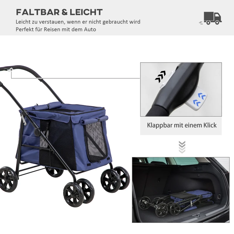 PawHut Wózek dla psa z poduszką, 3 boczne kieszenie, składany, wózek dla psa, 102 cm x 62 cm x 105 cm, Niebieski