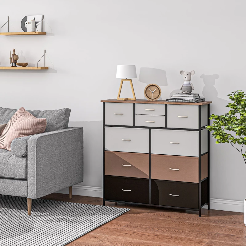 HOMCOM Bedroom Chest of Drawers, 10 Drawer Dresser with Foldable Fabric Drawers and Steel Frame, Multicolour