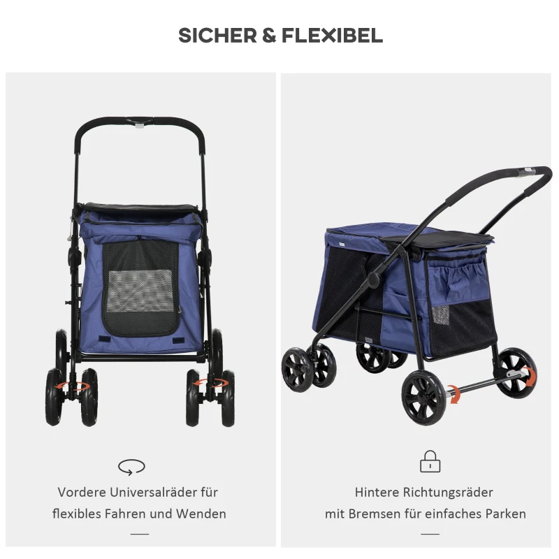 PawHut Wózek dla psa z poduszką, 3 boczne kieszenie, składany, wózek dla psa, 102 cm x 62 cm x 105 cm, Niebieski