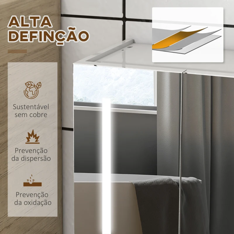 kleankin Armário Casa de Banho com Espelho e Luz LED com 3 Portas Prateleiras Ajustáveis e Interruptor Tátil 90x15x70 cm Branco Brilhante