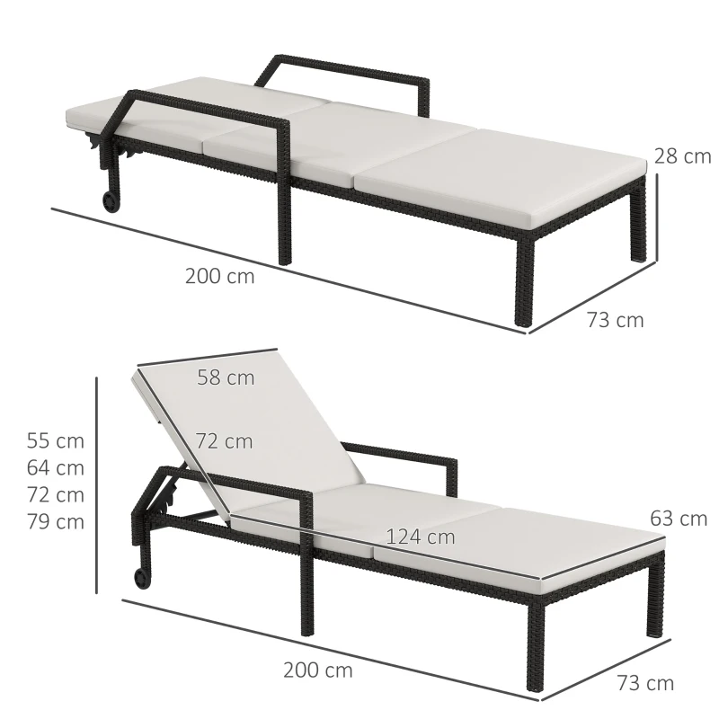 Outsunny Espreguiçadeira de Vime com Encosto Ajustável em 5 Posições Acolchoado e 2 Rodas 73x200x48 cm Creme e Preto