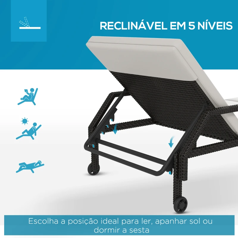 Outsunny Espreguiçadeira de Vime com Encosto Ajustável em 5 Posições Acolchoado e 2 Rodas 73x200x48 cm Creme e Preto