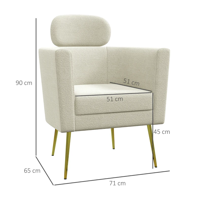 HOMCOM Poltrona Sala de Estar Individual em Borrego com Apoio para a Cabeça e Pés de Metal 71x65x90 cm Creme