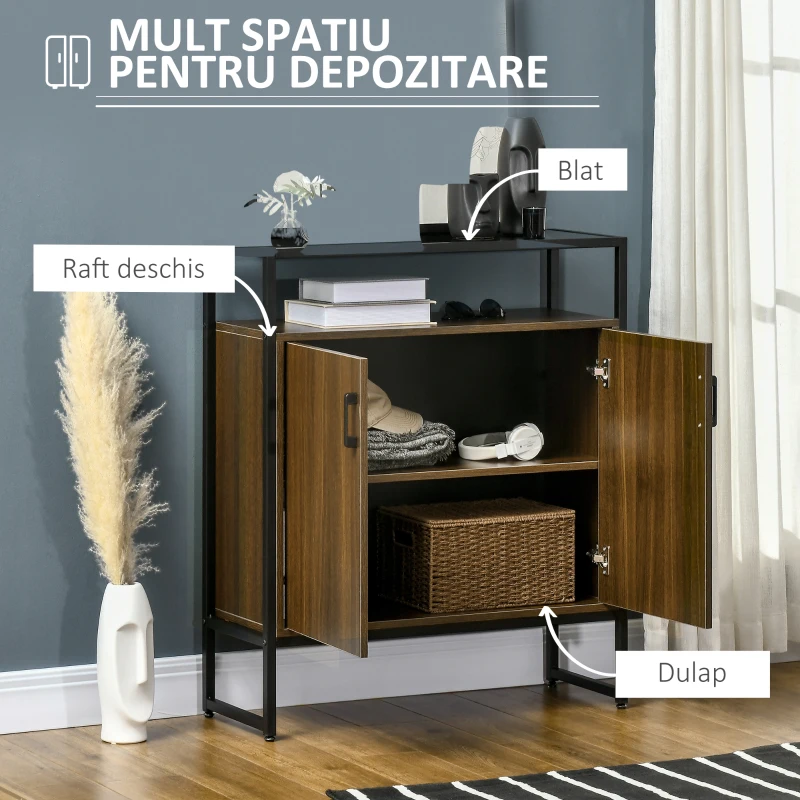 HOMCOM Dulap bufet, din sticla, masa consola pentru sufragerie, bucatarie, intrare, negru si maro