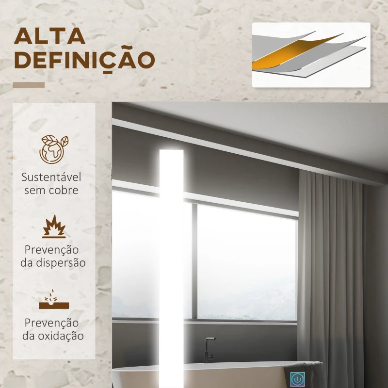 kleankin Armário Casa de Banho com Espelho e Luz LED Prateleira Ajustável Interruptor Tátil e Cor da Luz Ajustável 70x15x70 cm Marrom Rústico