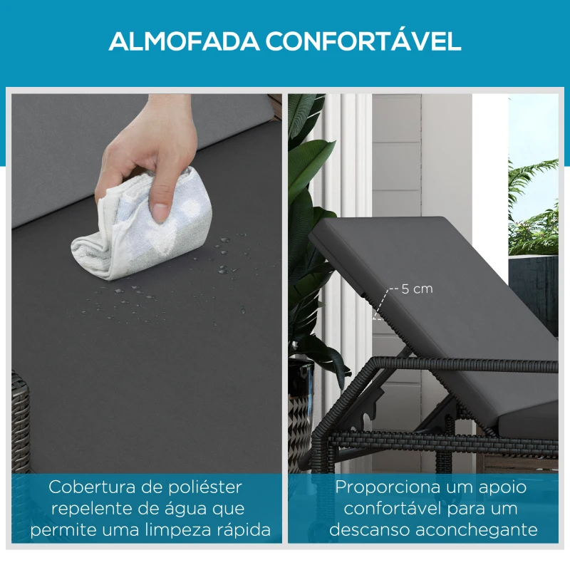 Outsunny Espreguiçadeira de Vime com Encosto Ajustável em 5 Posições Acolchoado e 2 Rodas 73x200x48 cm Cinza Escuro e Preto