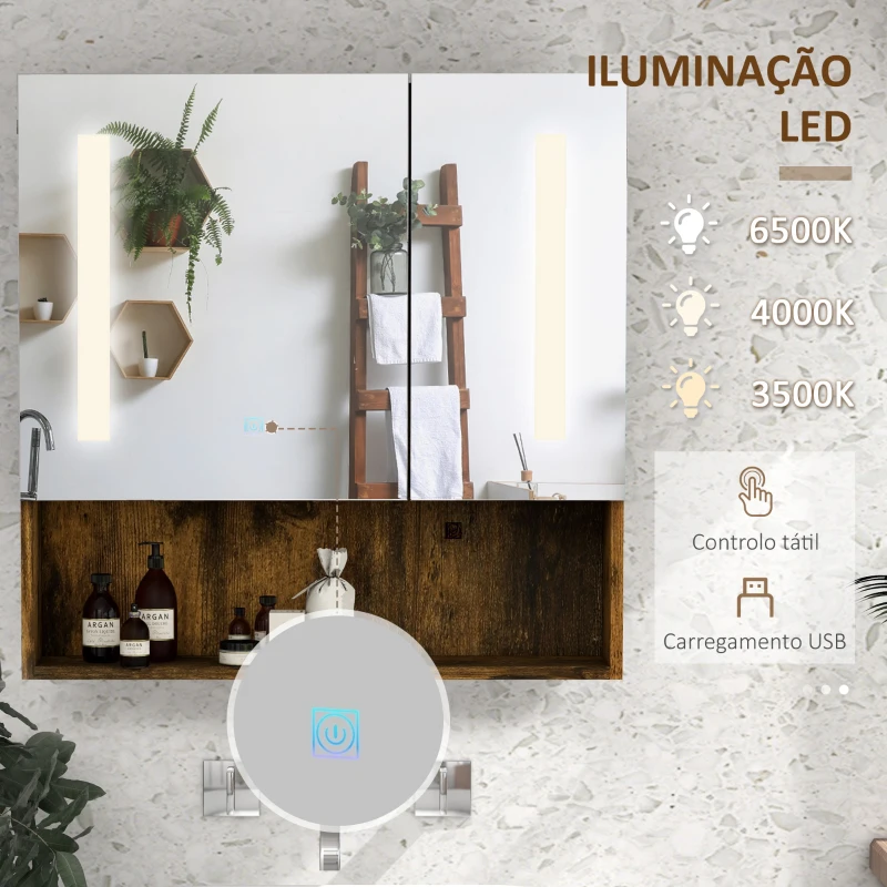 kleankin Armário Casa de Banho com Espelho e Luz LED Prateleira Ajustável Interruptor Tátil e Cor da Luz Ajustável 70x15x70 cm Marrom Rústico