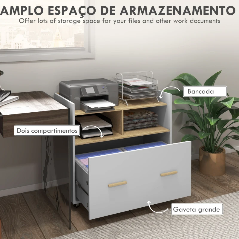 Vinsetto Armário para Escritório Armário para Arquivos com Rodas e Barra Suspensa para Tamanho A4 76x40x75,5 cm Branco e Madeira