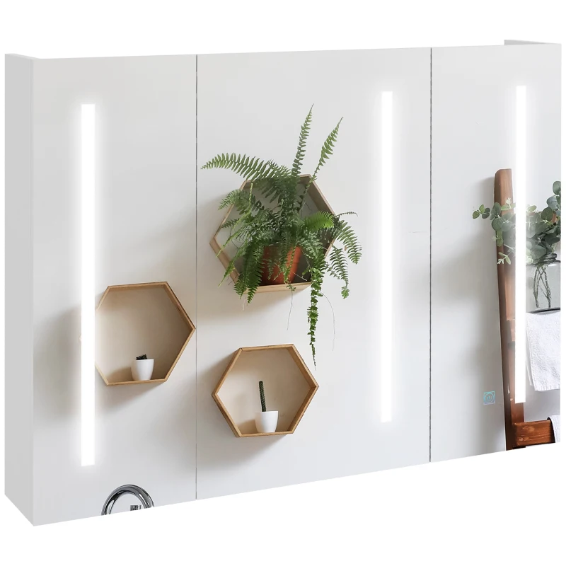 kleankin Armário Casa de Banho com Espelho e Luz LED com 3 Portas Prateleiras Ajustáveis e Interruptor Tátil 90x15x70 cm Branco Brilhante