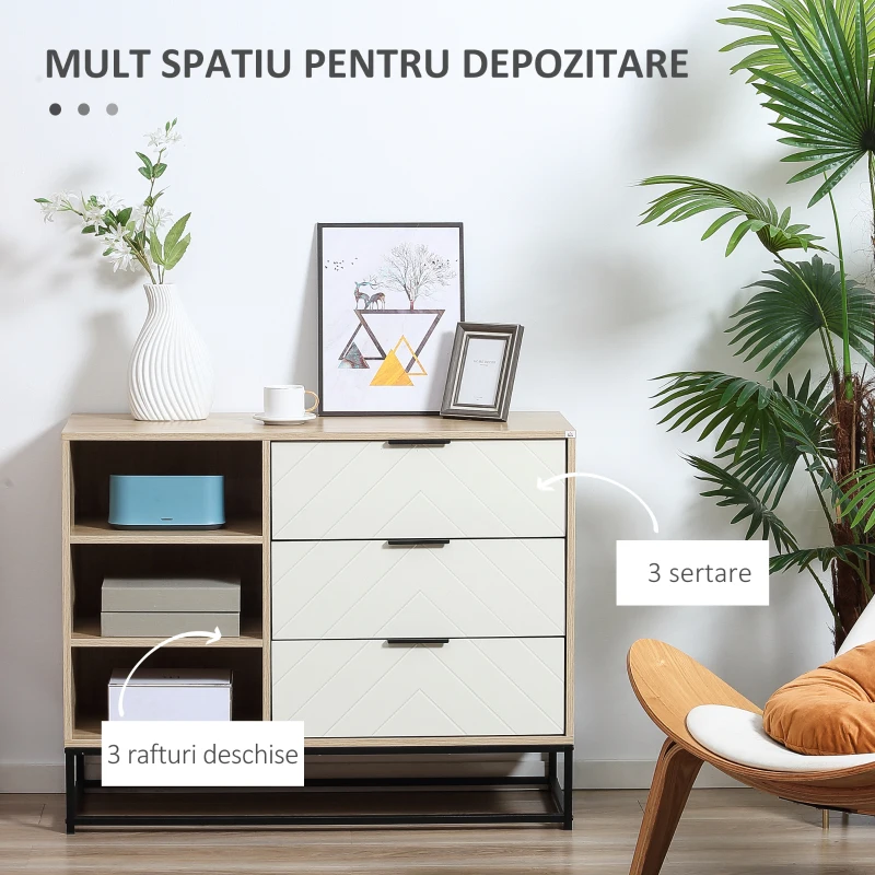 HOMCOM Dulap de depozitare modern , dulap decorativ cu 3 sertare, rafturi deschise pentru camera de zi, dormitor, biroul de acasa, natural si alb crem
