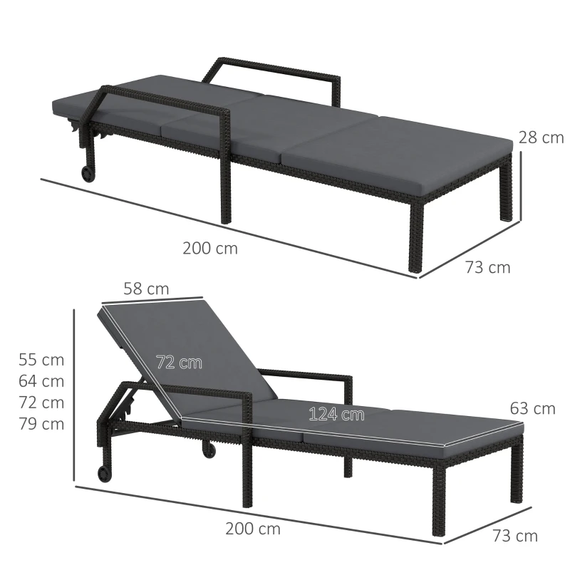 Outsunny Espreguiçadeira de Vime com Encosto Ajustável em 5 Posições Acolchoado e 2 Rodas 73x200x48 cm Cinza Escuro e Preto