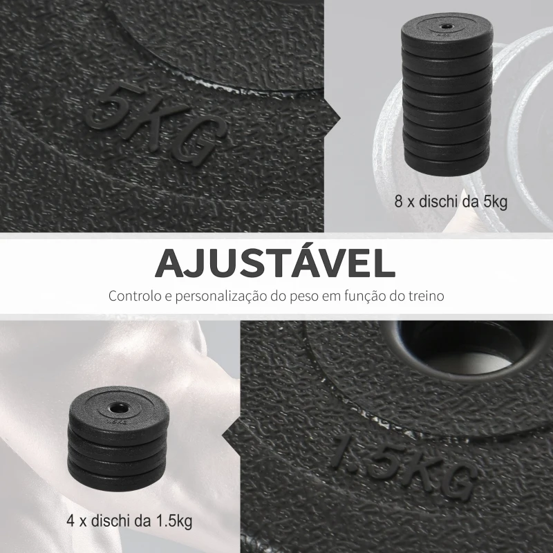 HOMCOM Conjunto de Halteres Ajustáveis Conjunto de Pesos 8x5kg 4x1,5kg e 2 Barras Total 50 kg  Preto