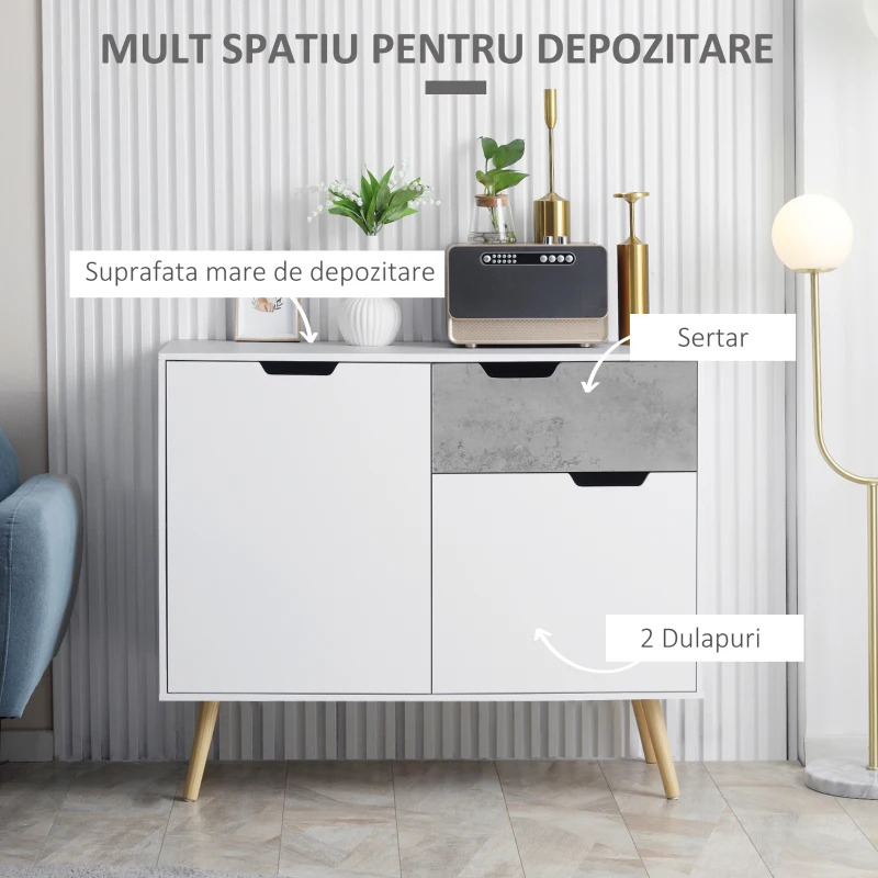 HOMCOM Dulap modern pentru depozitare, dulap decorativ cu sertar, 2 usi pentru dormitor, living, hol, gri deschis